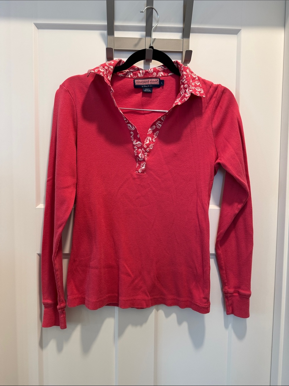 Vineyard Vines Pink Long Sleeve Polo with Patterned Collar